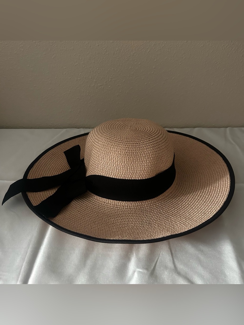 Wide Brim Sun Hat with Black Ribbon Trim